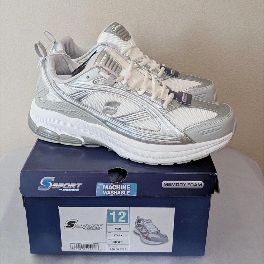 New Skechers S Sport Men's Stark Memory Foam Sneakers Shoes White Silver Size 12
